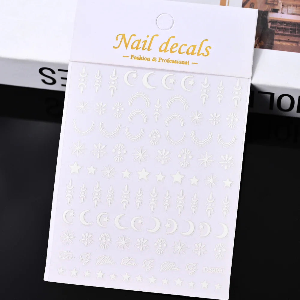 3D Gold Sun/Moon/Star Bronzing Nail Art Sticker 8*10cm Laser Star Moon Design Nail Decal Gold Silver Self-Adhesive Slider