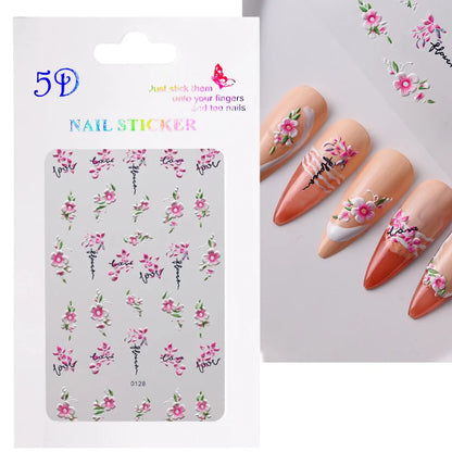 1PC 5D Macaron Flower/Fruit Nail Charms Sticker Embossed Bear/Rabbit/Letter Nails Slider Decals Summer Adhesive Manicure Decor&Y