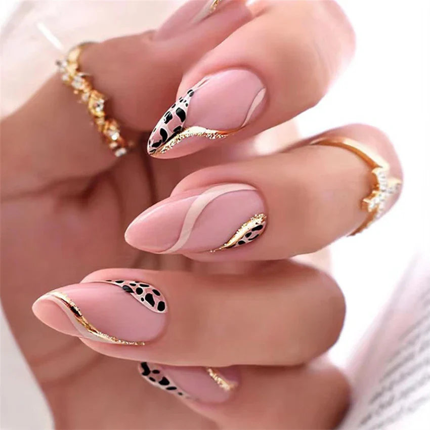 24Ps/Set Square Head Coffin Wearing False Nails Art Pink Matte French Fake Nails Leopard Artificial Acrylic White Press on Nails