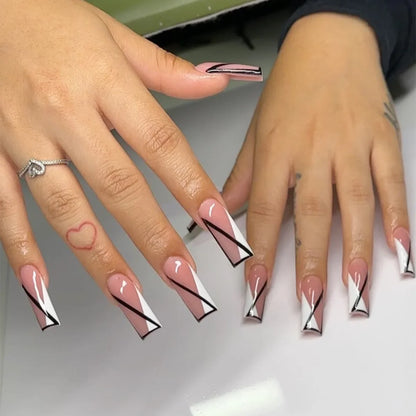 Black Lines White Beveled Edge French Long Square Fake Nails Fashion Detachable Finished False Nails Press on Nails with Glue