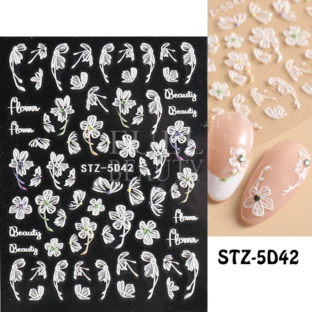 Aichashi 5D Embossed Nail Stickers Flowers Bird Geometric Lines Gold Frame Floral Nail Decals Cherry Blossom Y2K Manicure Decor