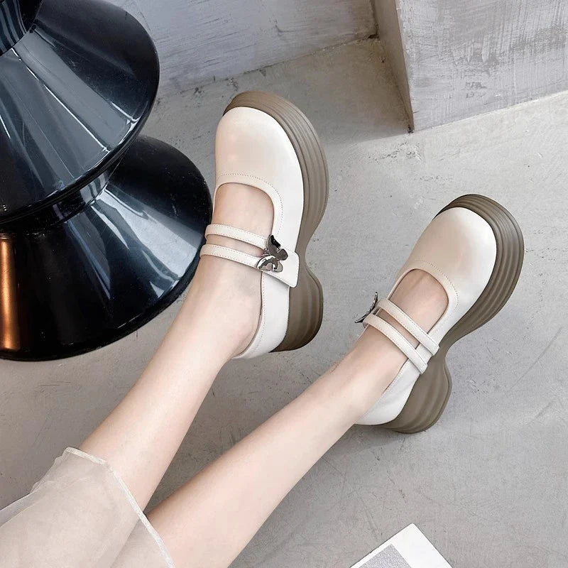 aichashi  -  Fashion Mary Janes Female Buckle Strap Square Mid Heels Leather Oxford Shoes for Women Butterfly-knot Summer Pumps Plus Size