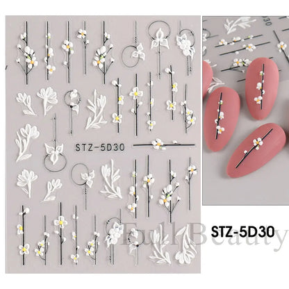 Aichashi 5D Simple Flowers Nail Embossed Stickers Elegant Wedding Design Adhesive Sliders Floral Textured Engraved Decoration Supplies