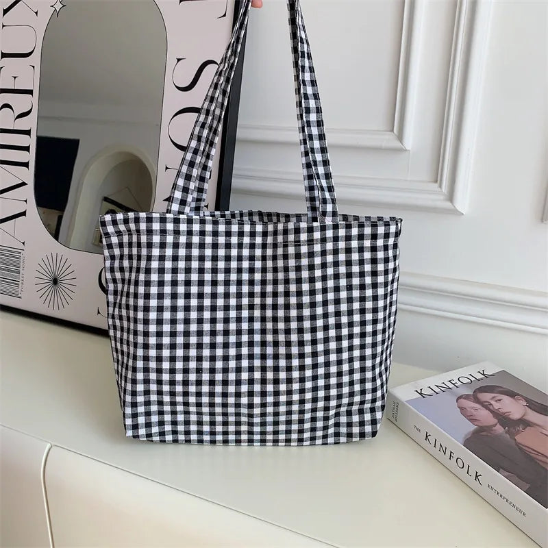 Aichashi BACK TO SCHOOL Ladies New Style Canvas Fabric Plaid Shoulder Bag Fashion Simple Handbag Large Casual Capacity shopping Tote Bags