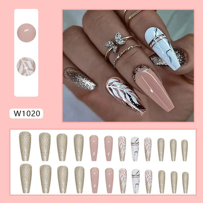 24pcs False Nails Nude Gradient Nail Patch Rhinestone Inlaid Press On Nails Removable Long Paragraph Fashion Manicure nail tips