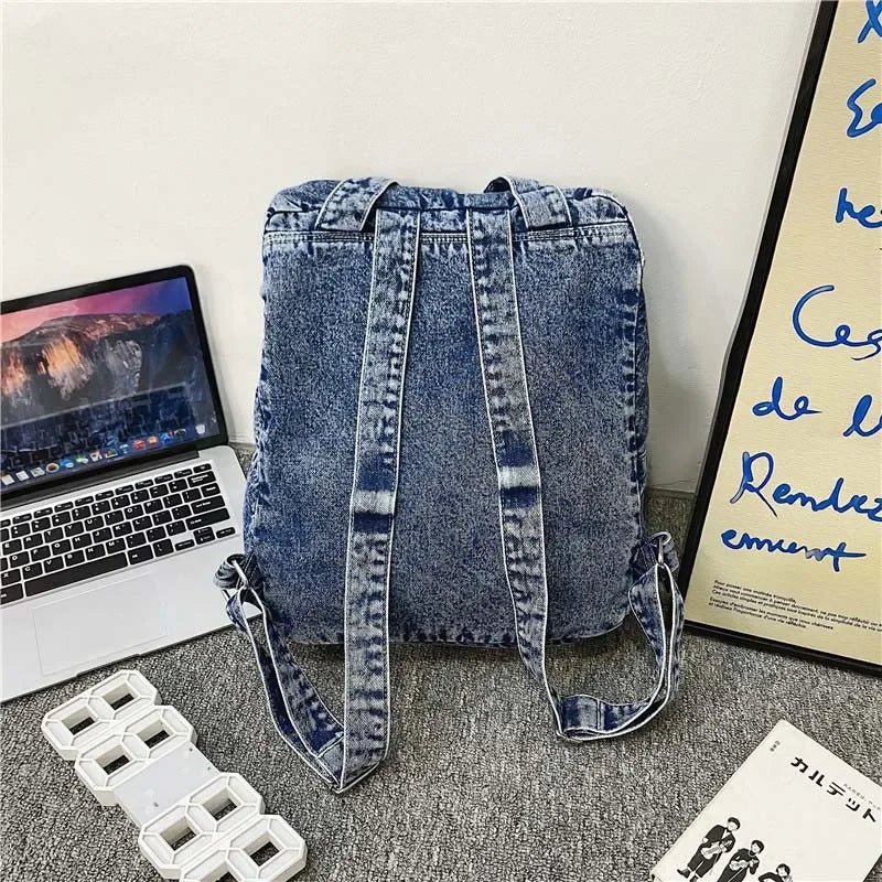 Aichashi Denim Backpack For Women And Men Casual Large Capacity Laptop Bagpack College Student School Bags Book Fashion Blue Travel bolsa