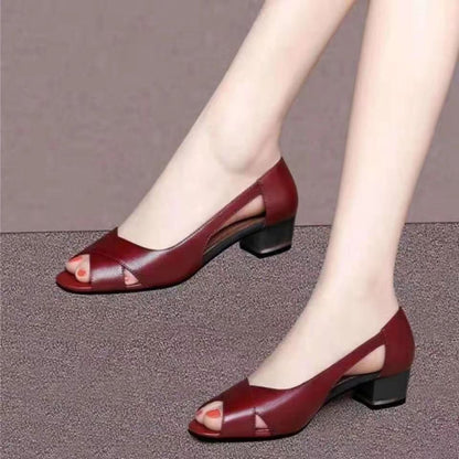 Aichashi Mujeres Tacones Altos Women Fashion Wine Red Peep Toe Pu Leather Slip on Square Hollow Out Heel Shoes Zapatos