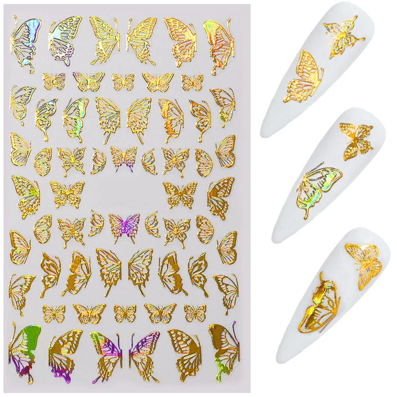 Aichashi Laser Butterfly Sticker Nails Art Holographic Gold/Sliver Nail Decal Design Self-adhesive Butterfly Nail Sticker Ornament