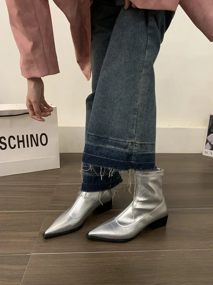 Aichashi Boots Women New Shoes Luxury Designer silver  Ankle Fashion Pointy Med Ladies Rubber Autumn Rome Hoof Heels Flock Solid Sli