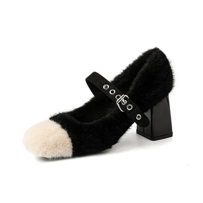 aichashi  -  Fashion Furry Mary Jane Shoes Women Winter Cute Warm High Heels Square Heel Belt Buckle Design Women Pumps Zapatos De Mujer