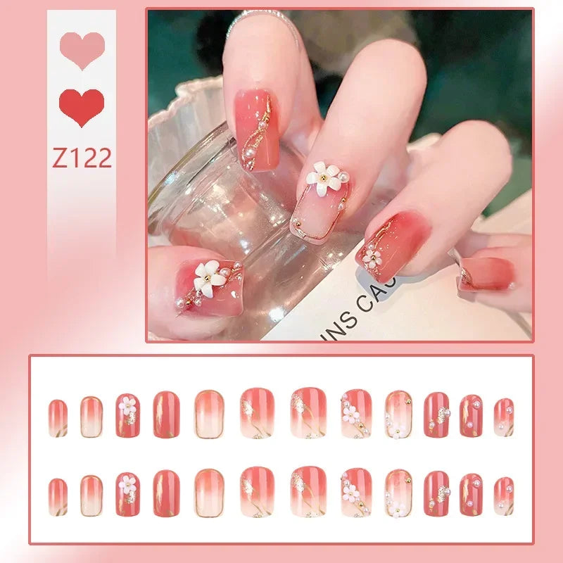 Aichashi 24pcs/box Fake Nails Press on Reusable with Designs Set French Artificial Aurora Diamond False Tipsy Stick-on Nails Tips Art