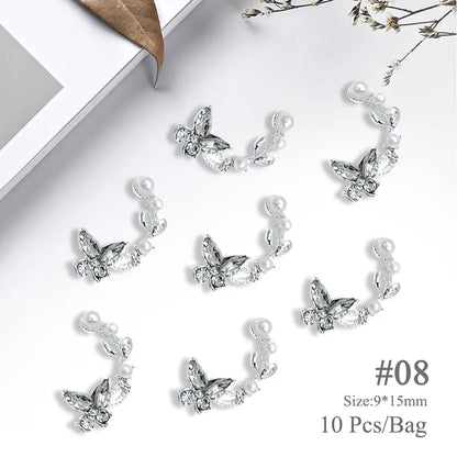 Aichashi 10pcs/bag Butterfly Shaped Nail Rhinestone Star Flower Nail Charm Silver Gold Alloy Nail Pearl Jewelry Accessories Nail Supplies