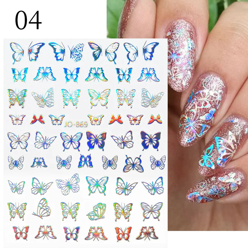 Aichashi 1PCS Black White Butterfly Laser Nail Stickers Y2K Nail Art Decoration Abstract Lines Bronzing Flowers Stickers For Nails