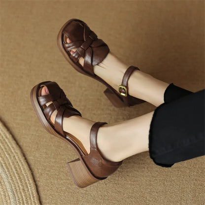 Aichashi New Summer Sandals Cow Leather Luxury Roman Sandals Casual Buckle Strap Summer Shoes GLADIATOR Thick Heel Women High Heels