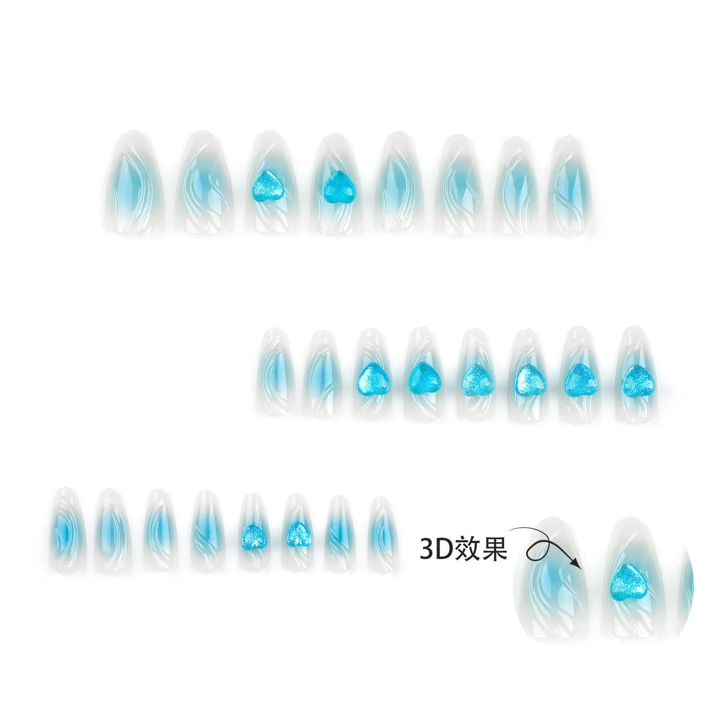 Aichashi 24PCS Long Almond Shape Wearable Blue Flash Diamond False Nails Y2K press on Stiletto Fake Nails With Water Ripple Finished Nail