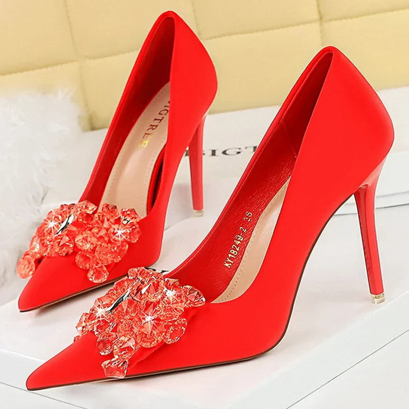 aichashi  -  Shoes Gemstone Bowknot Women Pumps Silks Satins High Heels Sexy Party Shoes Fashion Stilettos Wedding Shoes Stilettos