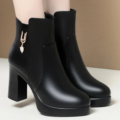 Aichashi Autumn Winter Women  Platform Shoes Warm Fleece Waterproof Short Leather Boots Luxury Black Super High Heel Ankle Boots