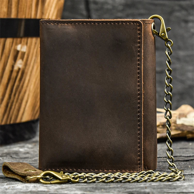 Aichashi Men Genuine Leather Short Wallet With Chain Zipper Clutch Wallets Male Short Trifold Purse Card Holder Change Coin Purse