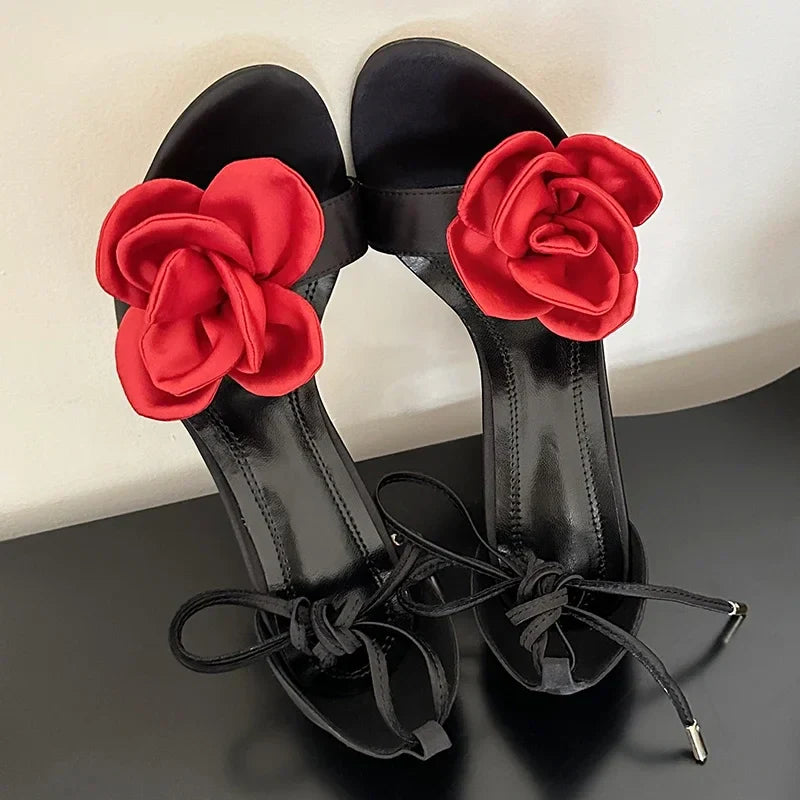 aichashi  -  Silk Rose Thin High Heels Sandals Female Footwear Cross-tied Designer Shoes Open-toe Fashions Purple Dressy Sandals Women Pumps