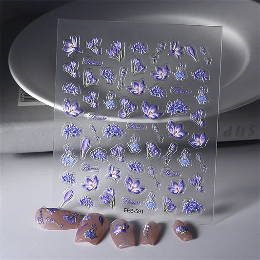 Aichashi 1pcs 5D Simple Flowers Nail Embossed Stickers Elegant Wedding Design Adhesive Sliders Floral Textured Engraved Decorations DIY