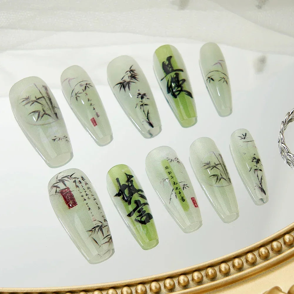 10PCS Glossy Handmade Fake Nails with Bamboo Leaf Design Pure Color Shiny Press on Nail Chinese Style Long False Art Nail Tips