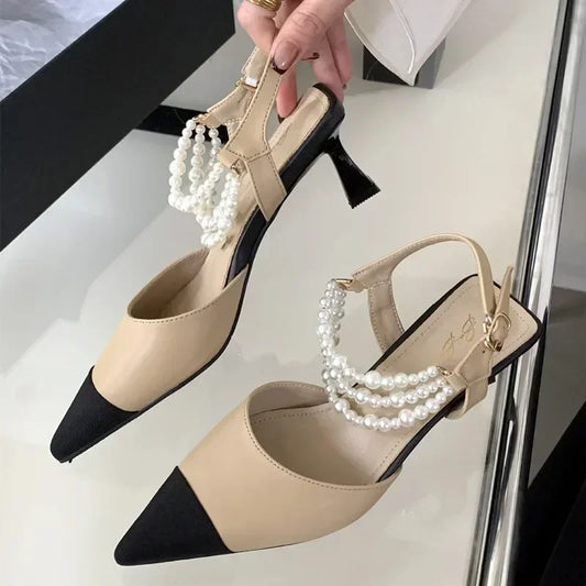 aichashi  -  Fashion Pearl Decorate High Heels Women Luxury Brand Mixed Colors Designer Pointed Toe Heeled Sandals Hollow String Bead Pumps