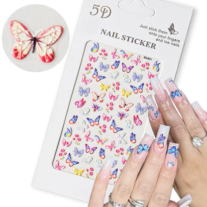 1PC 5D Macaron Flower/Fruit Nail Charms Sticker Embossed Bear/Rabbit/Letter Nails Slider Decals Summer Adhesive Manicure Decor&Y