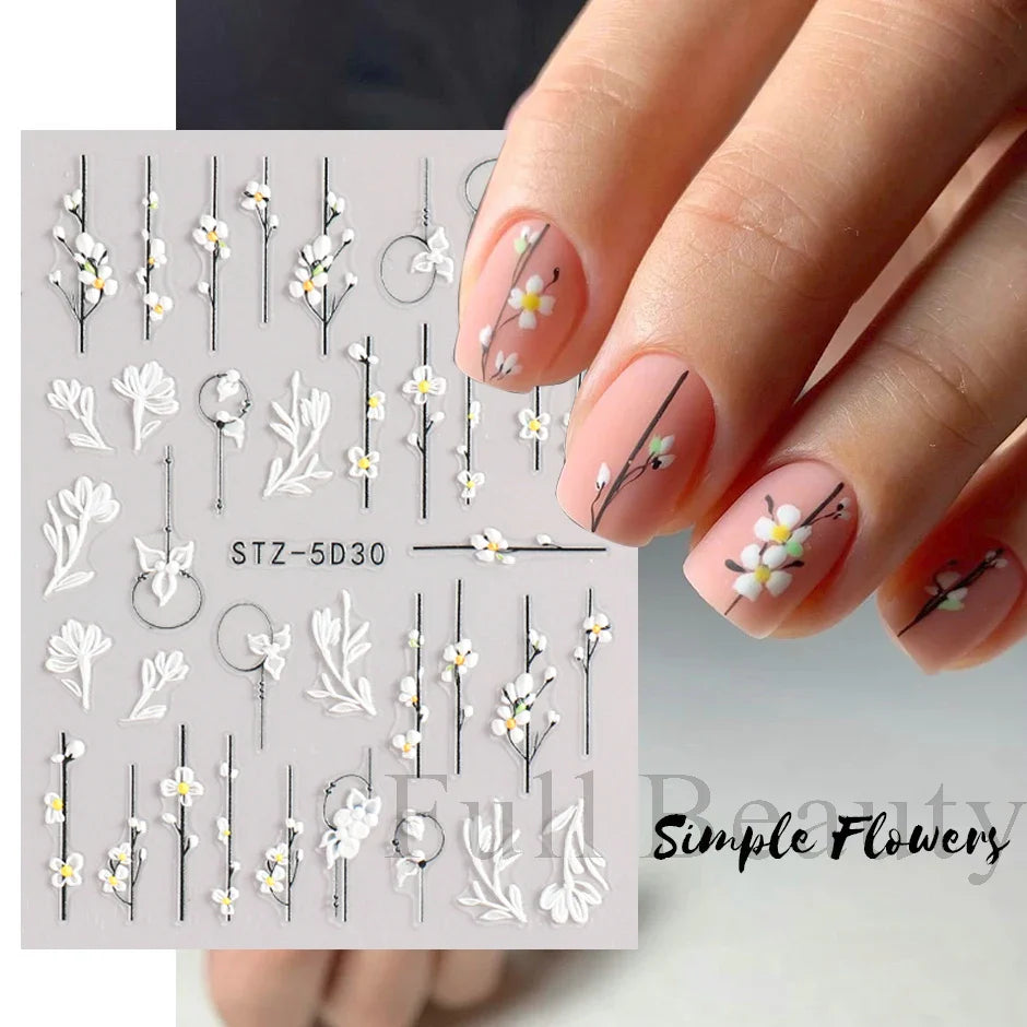 Aichashi 5D Simple Flowers Nail Embossed Stickers Elegant Wedding Design Adhesive Sliders Floral Textured Engraved Decoration Supplies