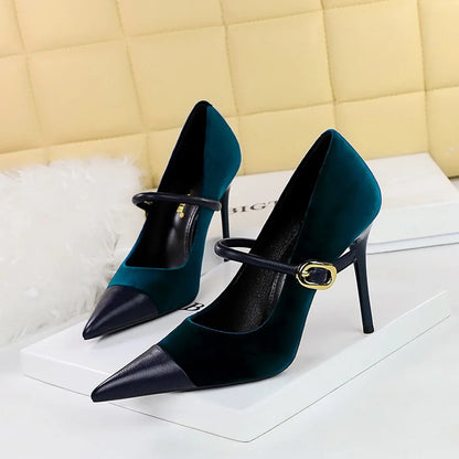 aichashi  -  Pointed Toe Velour Stiletto Heel Women Designer Party Dress Shoes Metal Buckle Splicing Elegant Heels Office Women Shoes Pumps