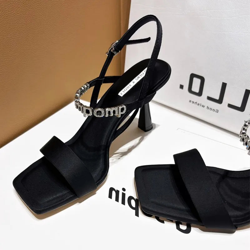 aichashi  -  Sexy Square Toe Thin Heeled Sandals Women Summer Fashion Rhinestone Letter Design Pumps Women Cross Strap Black High Heels