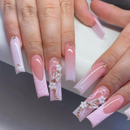 Aichashi 24Pcs Acrylic Press on Nails pink star Butterfly Gradient False Nails Ballet Fake Nails with glue Wearable French Finished