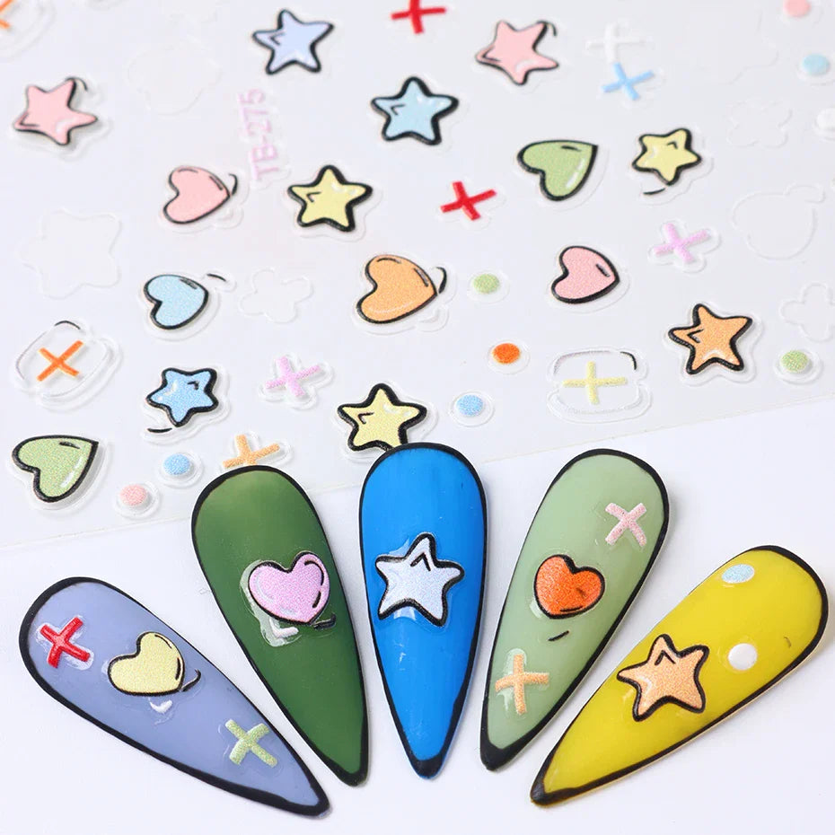 Aichashi Heart Nail Sticker 3D Comic Cartoon Colorful Heart Star Sliders Cute Nail Design Korean Style Translucent Gel Polish Wraps Decal