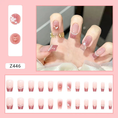 Aichashi Nail Art Fake Nails Long Island Iced Tea Wearing Jiashan Camellia Flower 3D Light Change Love Girl Blush Wearing Press on Nails