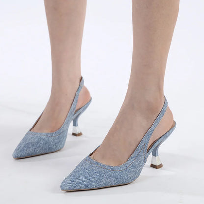 aichashi  -  Fall New Jeans High Heels Blue Pointed Pumps Brand Designer Shoes Office Elegant Women's Shoes Shallow Mule Shoes Women Heels