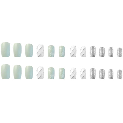 24 Pcs Glossy Long Square Press On Nails Silver Gray Christmas Pattern Fake Nails With Glitter Reusable False Nails