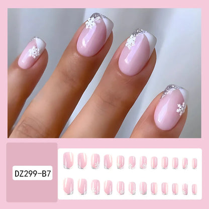 24 Pcs Medium Square Christmas Press On Nails Pink French Style Fake Nails With Rhinestone Shiny Artificial Reusable False Nails