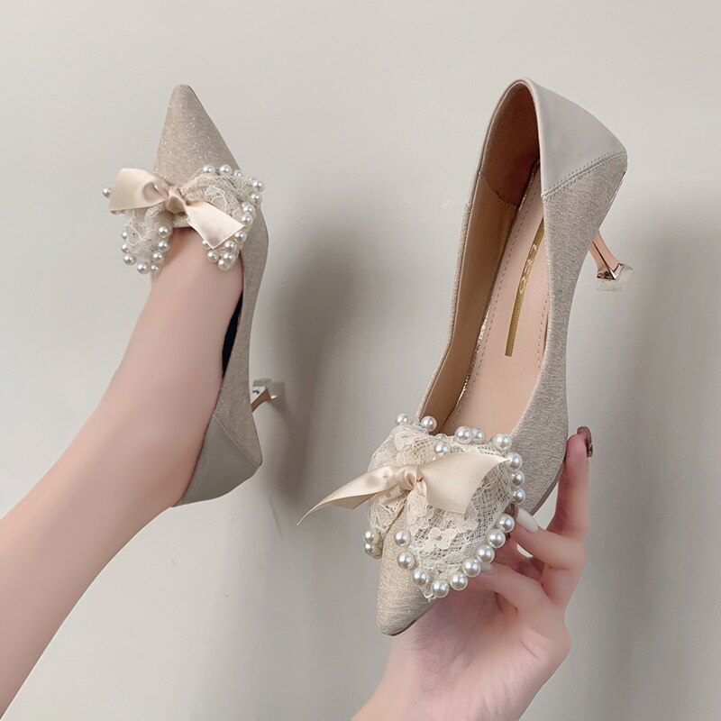 Aichashi Lace Bowknot Pumps for Women Summer Sexy Pointed Toe Thin High Heels Shoes Woman Fashion Pearls Wedding Party Shoes