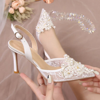 aichashi  -  Sexy Lace Thin Heels Sandals Women Elegant Pearl High Heels Pumps Woman Summer Pointed Toe Bling Crytsal Party Shoes