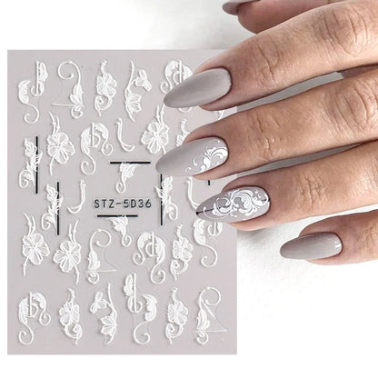 2Pcs 5D Acrylic Lace Flowers Nail Stickers Decals White Wedding Design Simple Floral Embossed Sliders DIY Nails Accesories