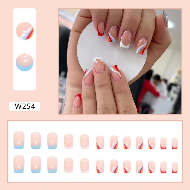 24Pcs/Set Medium Long French Wear False Nails Art Blue Wave Press on Acrylic Nail Tips Hot Fake Nails Collection Stick on Nails