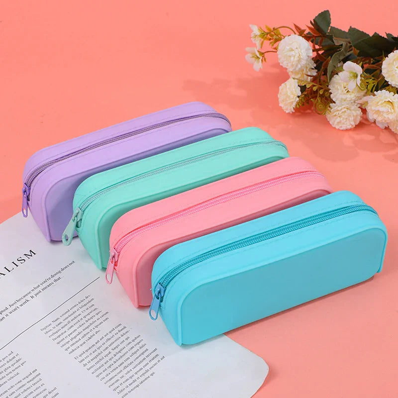 Aichashi BACK TO SCHOOL Waterproof Soft Silicone Pencil Case Candy Color Pencil Stationery Box Large Capacity Makeup Brush Storage Box Student Supplies