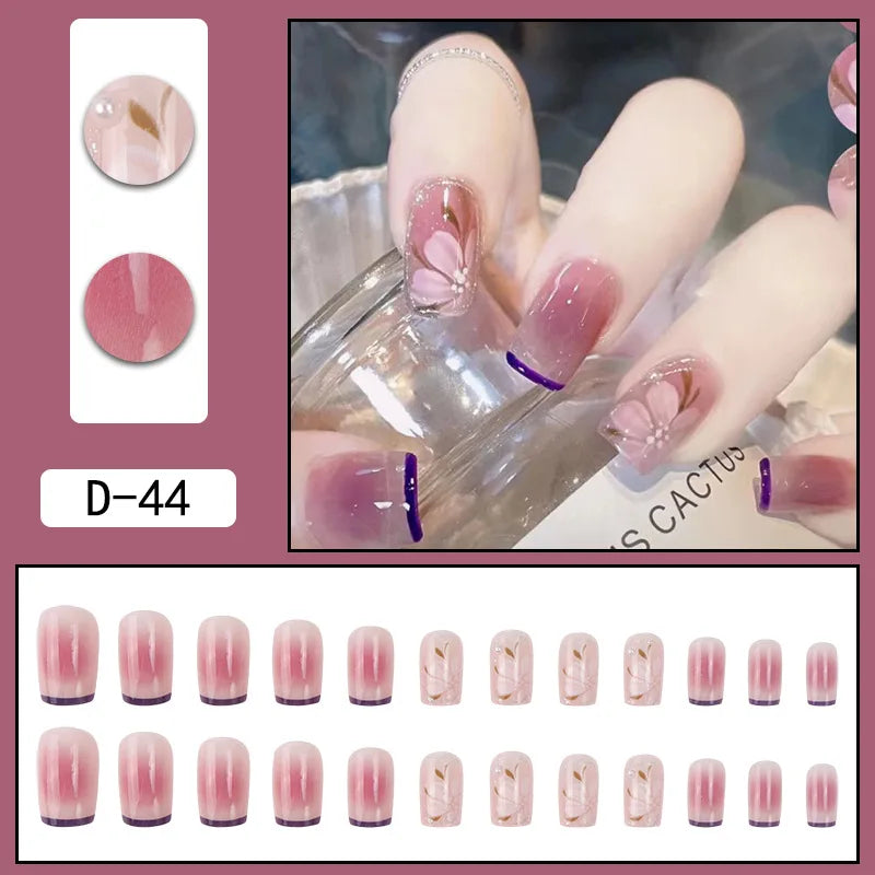 Aichashi 24pcs French Point Diamond Fake Nails Wearing Artificial Square Head Press On Acrylic Nail Art Pearl Patch Almond False Nails