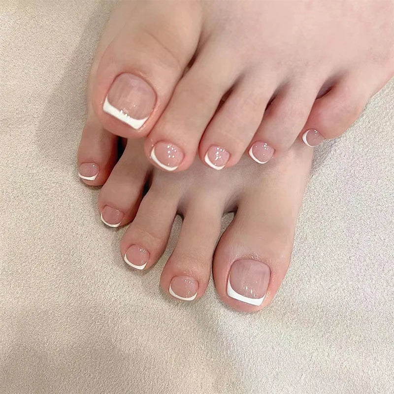 Aichashi 24P White Simple Toe Nails Tips Smudged Leopard Removable Acrylic Press On Toenail Short Full Cover Artificial Foot Fake Toenail