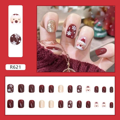 24Pcs Almond False Nails With Tools Cute Heart Strawberry Chili Design French Checkerboard ABS Press On Nails Fake Tips Wearable