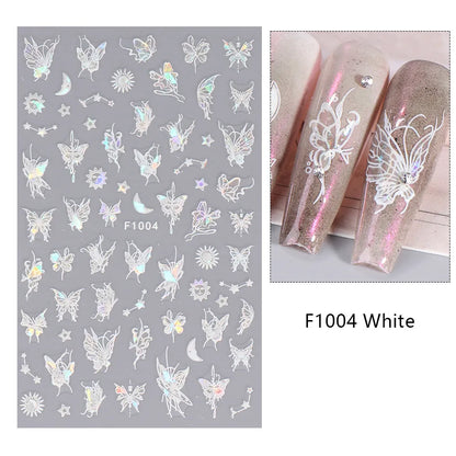 Aichashi 1PCS Black White Butterfly Laser Nail Stickers Y2K Nail Art Decoration Abstract Lines Bronzing Flowers Stickers For Nails