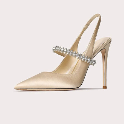 aichashi  -  Satin Rhinestone Pointed Toe High Heels Womens Fashion Mule Shoes Elegant Slingback Sandals Sexy Party Dress Shoes Woman Pumps