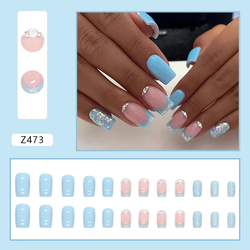 24Pcs/Set Medium Long French Wear False Nails Art Blue Wave Press on Acrylic Nail Tips Hot Fake Nails Collection Stick on Nails