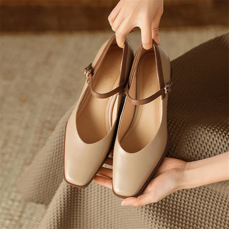 Aichashi New Genuine Leather Vintage Women Shoes Fashion Square Toe Pumps Chunky Heel Spring Shoes Women Zapatos De Mujer Mary Jane Shoes