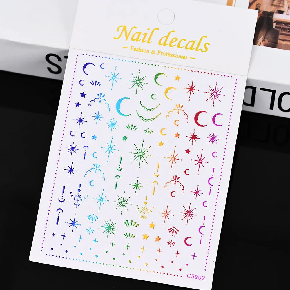 3D Gold Sun/Moon/Star Bronzing Nail Art Sticker 8*10cm Laser Star Moon Design Nail Decal Gold Silver Self-Adhesive Slider