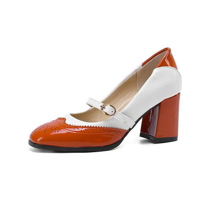 aichashi  -  Green Orange Black Women Patent Leather Fretwork Pumps Sweet Shallow Mary Janes Shoes Female High Heels Ladies Footwear Size 48